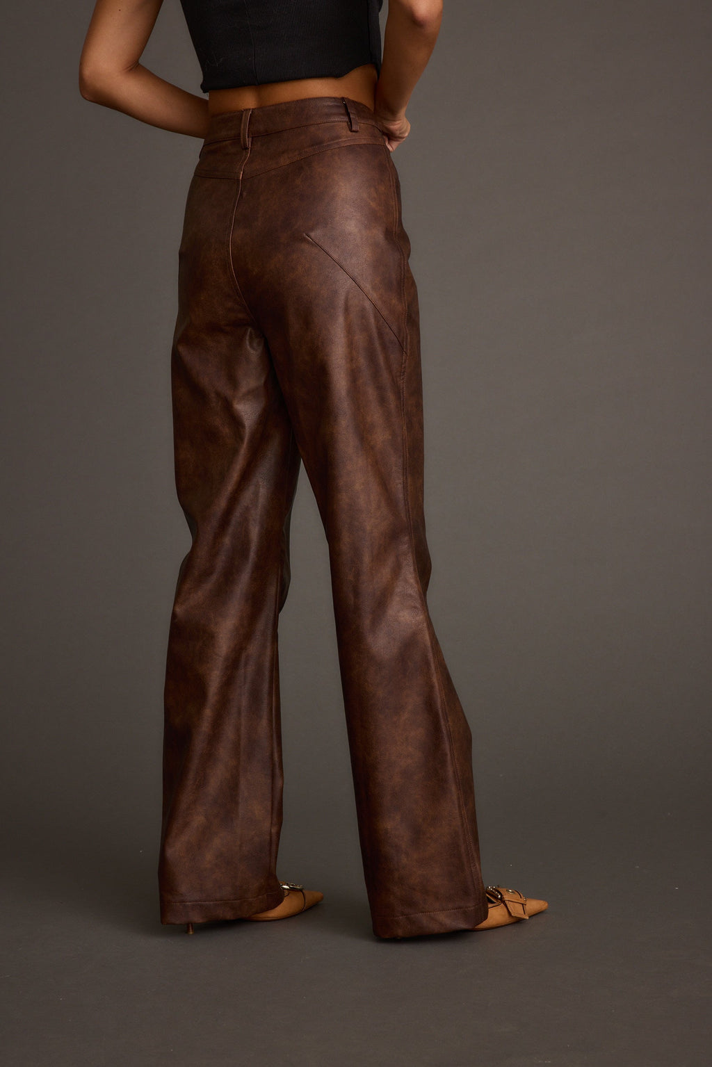 Kingsley Washed Brown Vegan Leather Straight Leg Pants