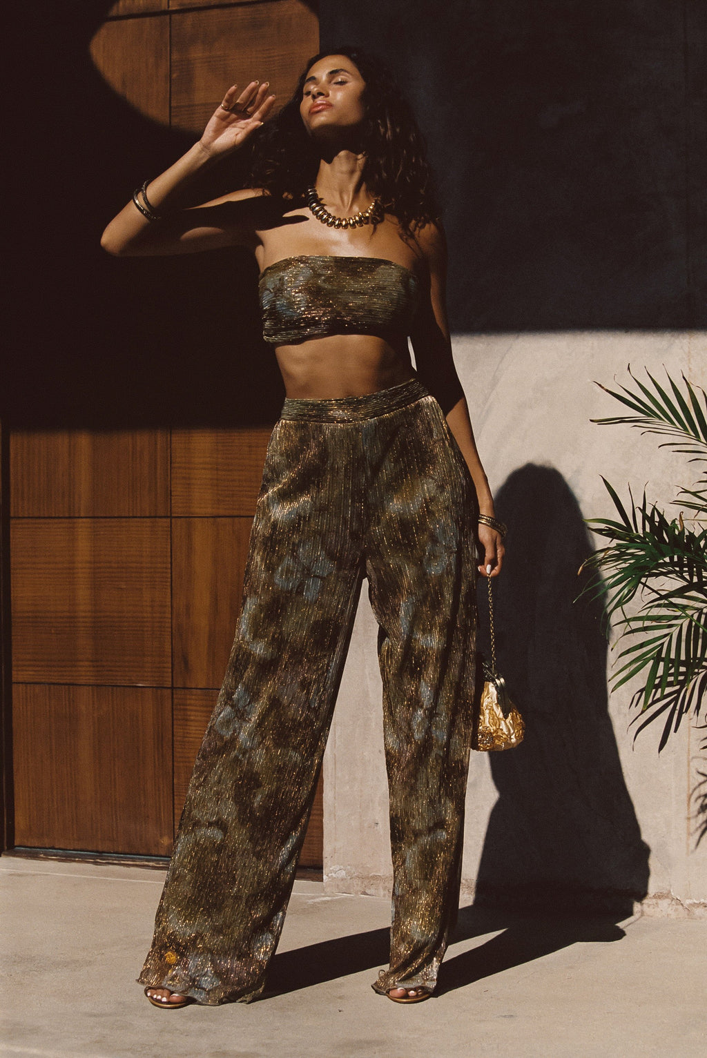 Kaia Moss Metallic Floral Pants