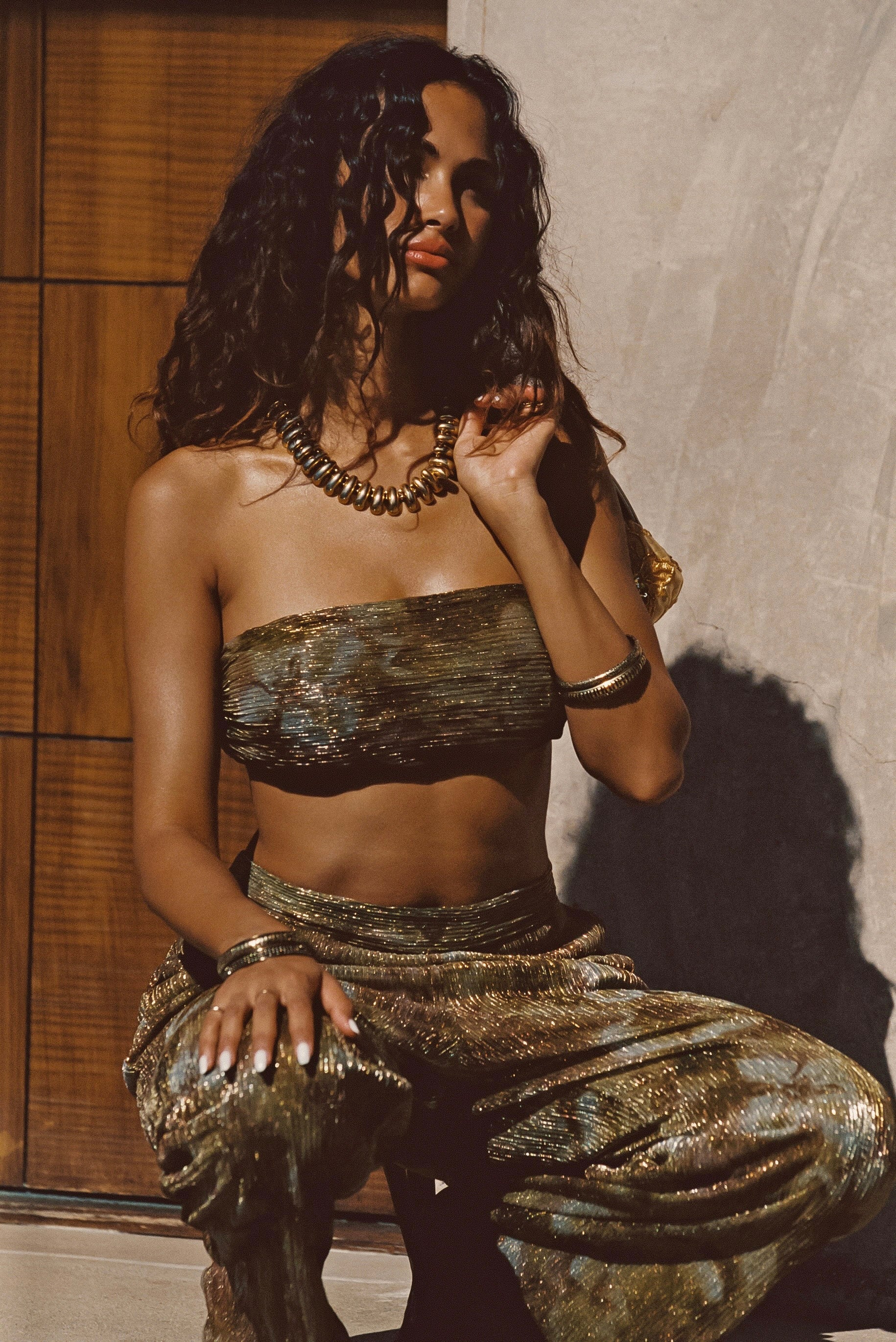 Kaia Moss Metallic Floral Pants