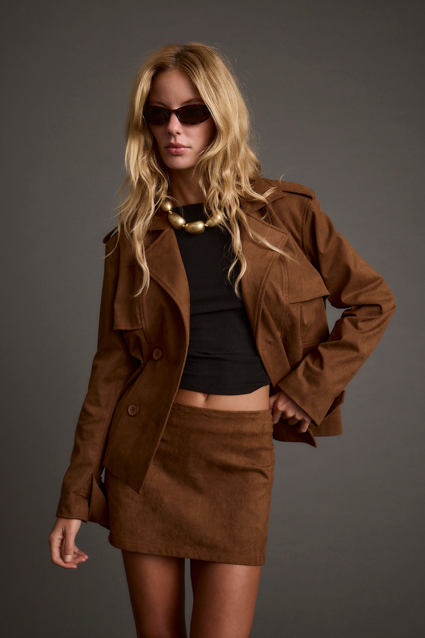 Kinsey Cognac Vegan Suede Cropped Trench
