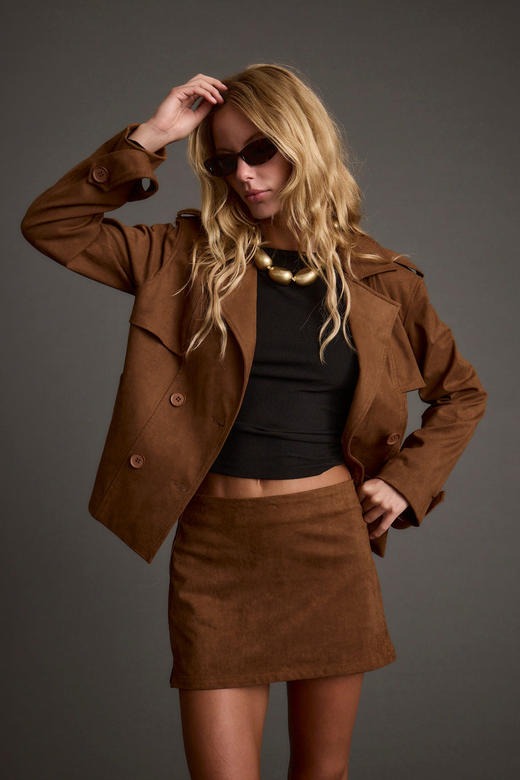 Kinsey Cognac Vegan Suede Cropped Trench