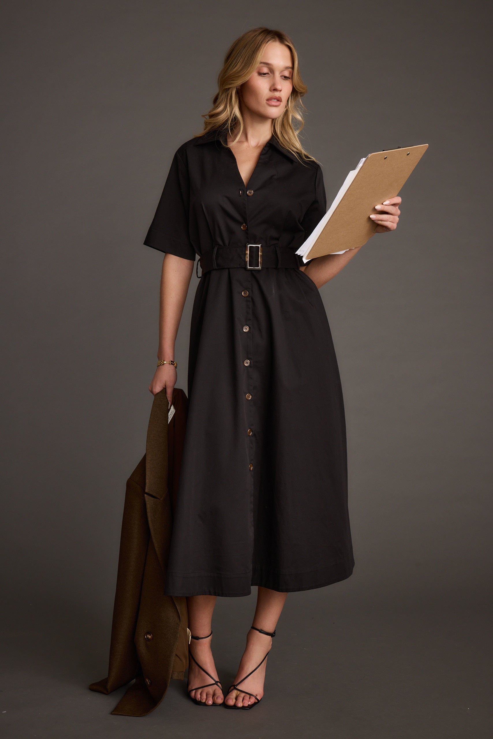 Leena Black Button Front Belted Midi Dress