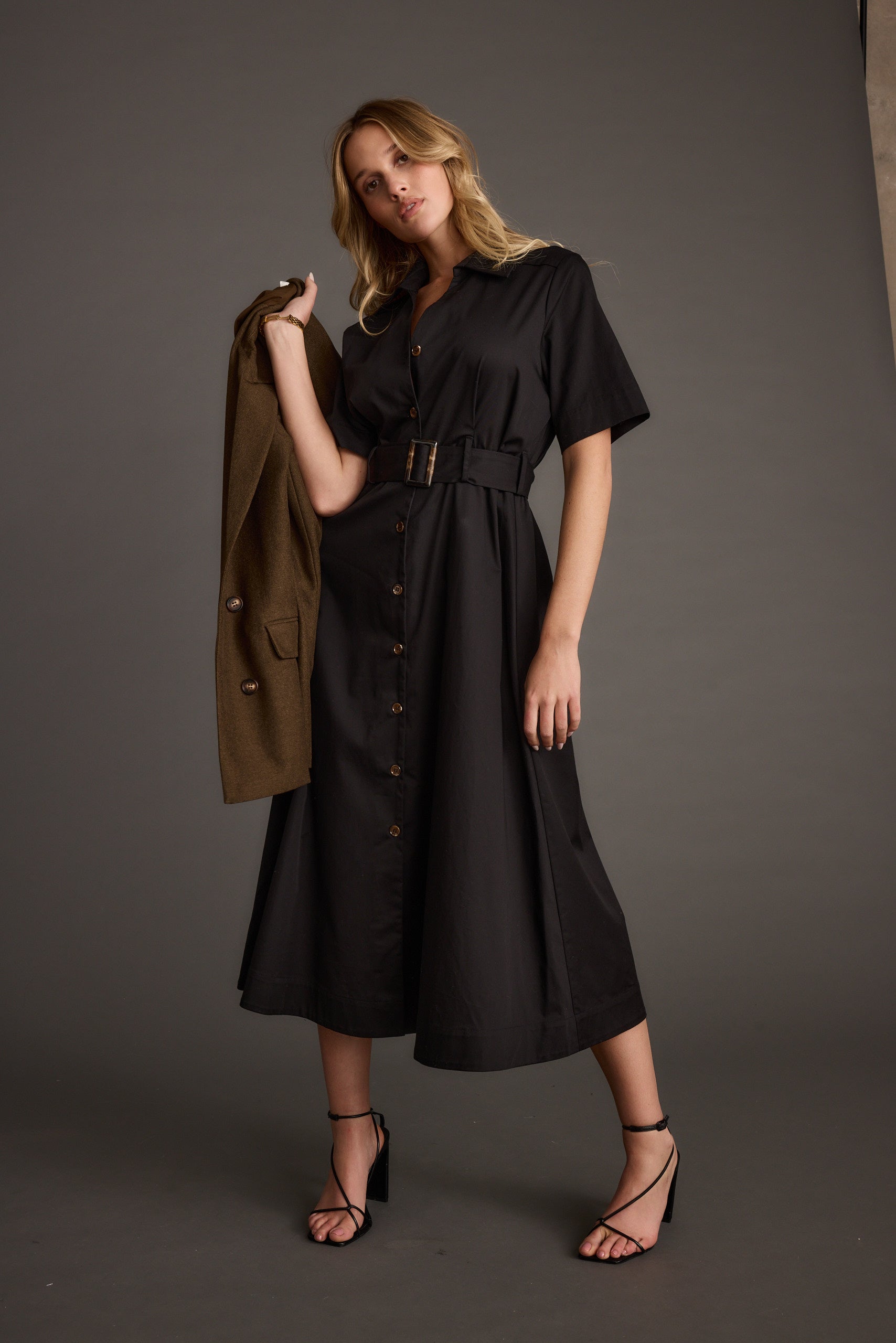 Leena Black Button Front Belted Midi Dress