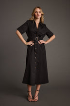 Leena Black Button Front Belted Midi Dress
