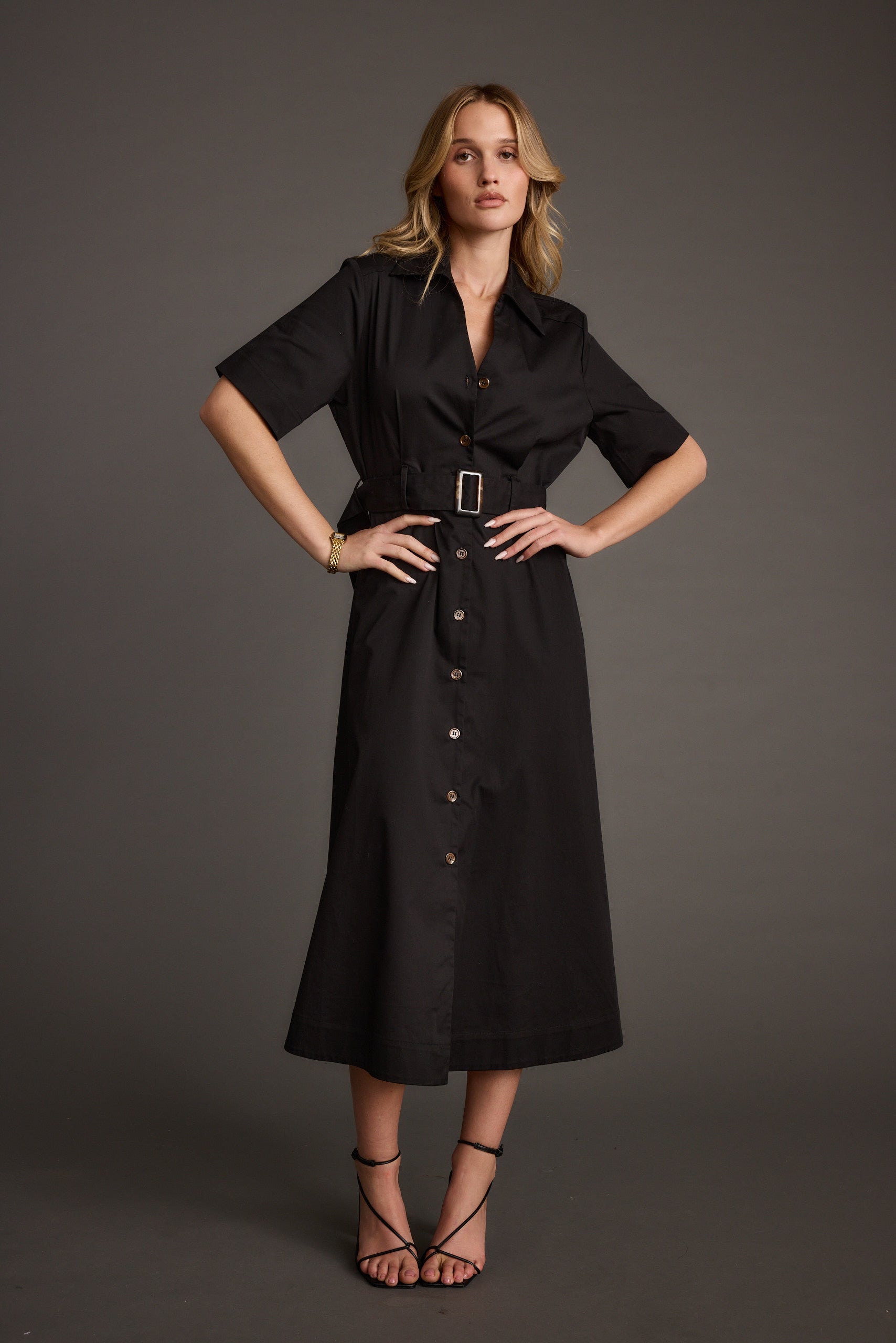 Leena Black Button Front Belted Midi Dress
