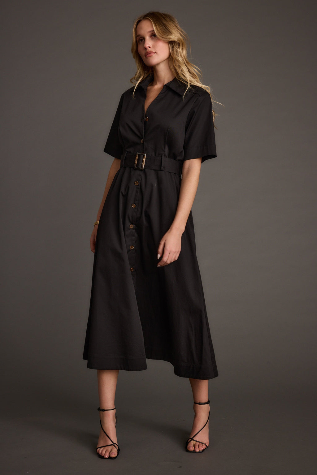 Leena Black Button Front Belted Midi Dress
