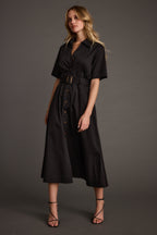 Leena Black Button Front Belted Midi Dress