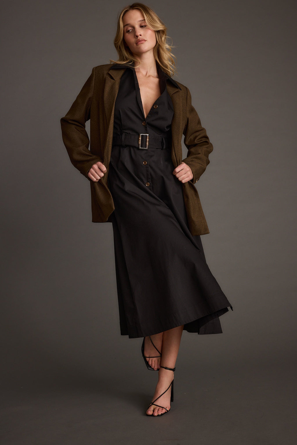 Leena Black Button Front Belted Midi Dress