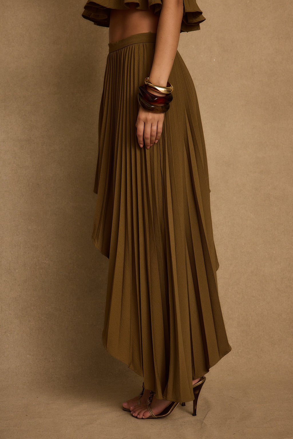 Lima Olive Asymmetrical Midi Skirt