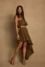 Lima Olive Asymmetrical Midi Skirt