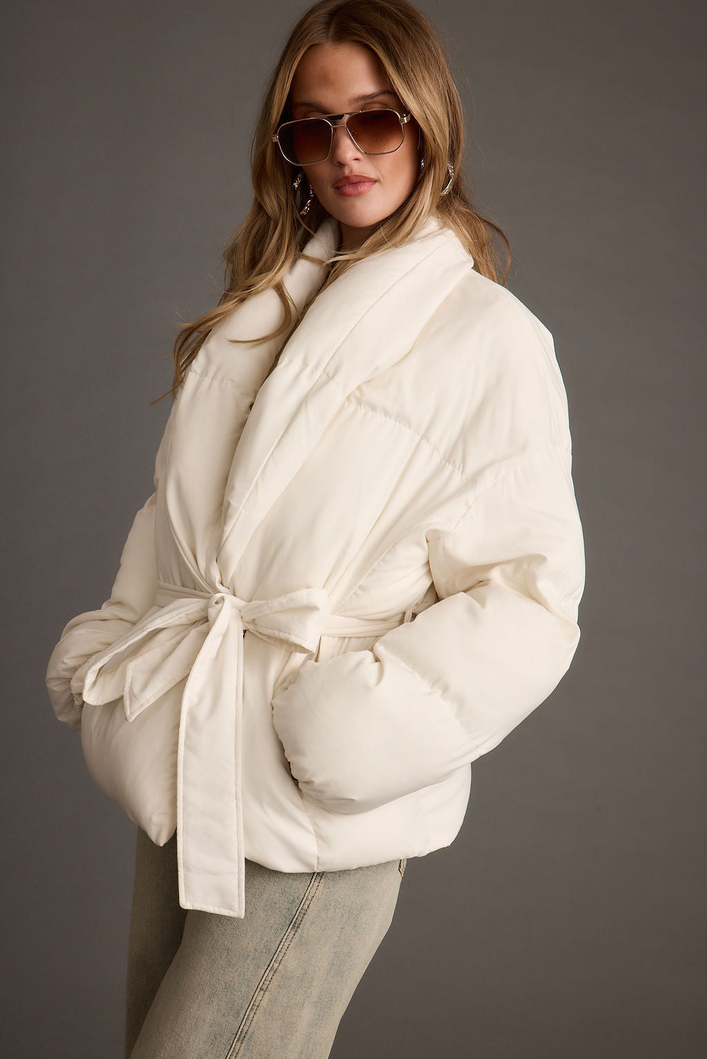 Maverick White Belted Puffer Coat