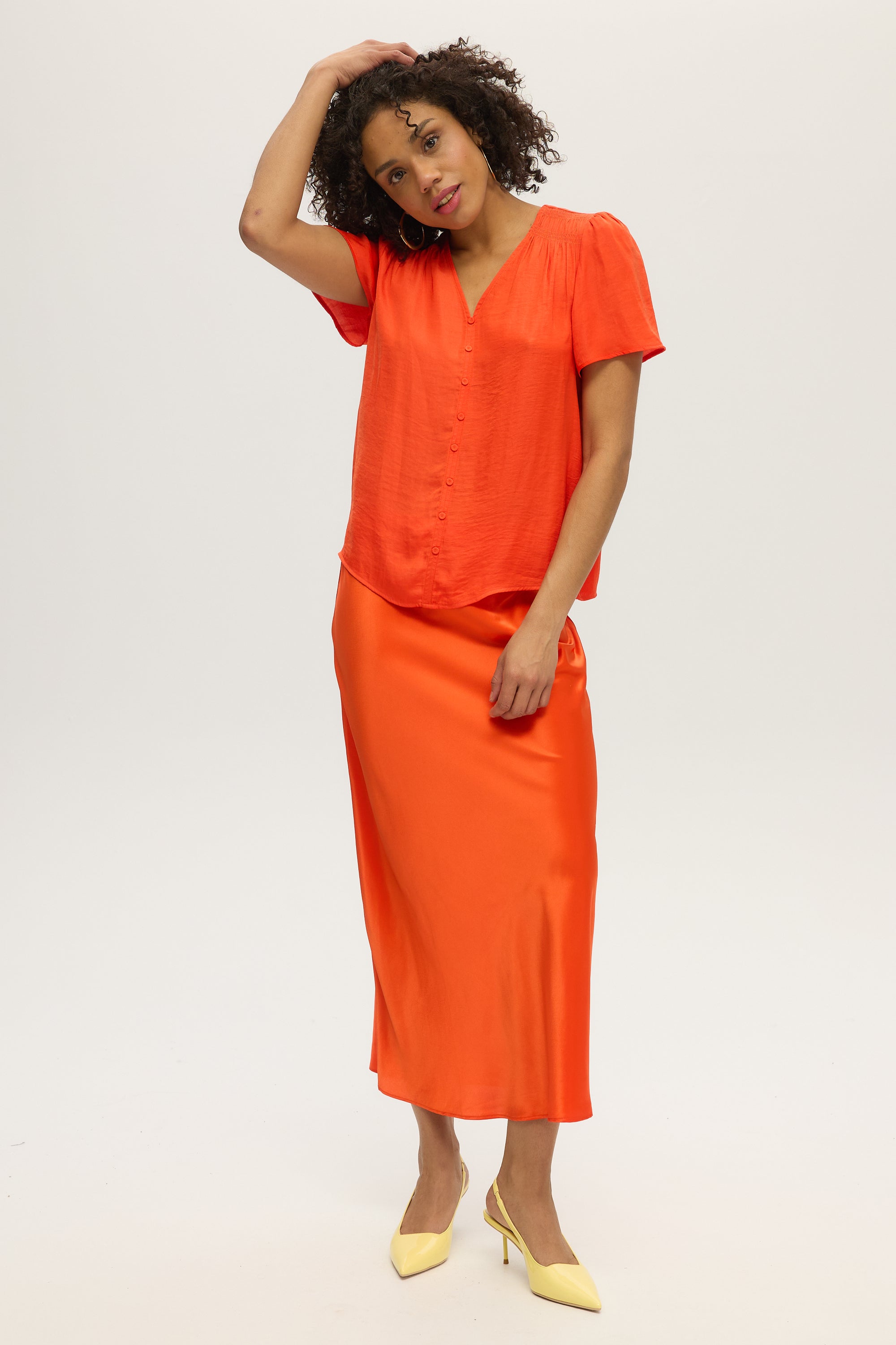 MANDARIN RED SHORT FLUTTER SLEEVE BLOUSE