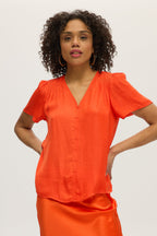 MANDARIN RED SHORT FLUTTER SLEEVE BLOUSE