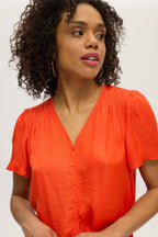 MANDARIN RED SHORT FLUTTER SLEEVE BLOUSE