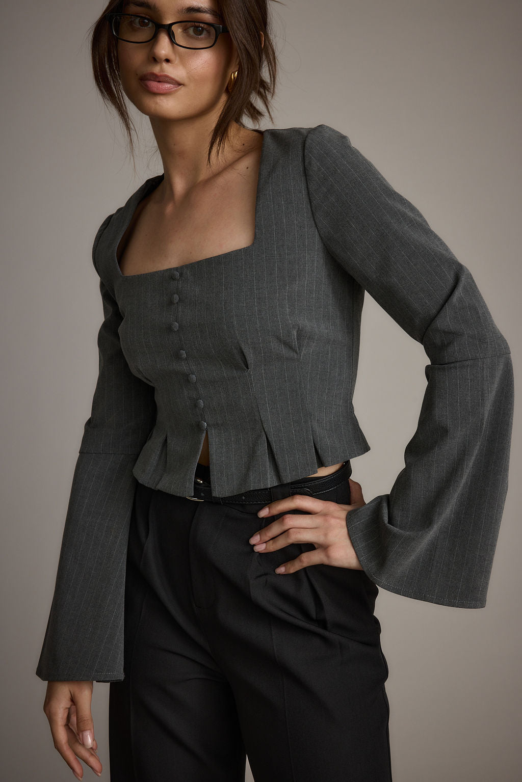 McGrath Grey Pinstripe Long Sleeve Top