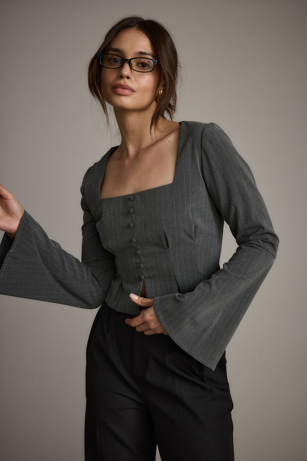 McGrath Grey Pinstripe Long Sleeve Top