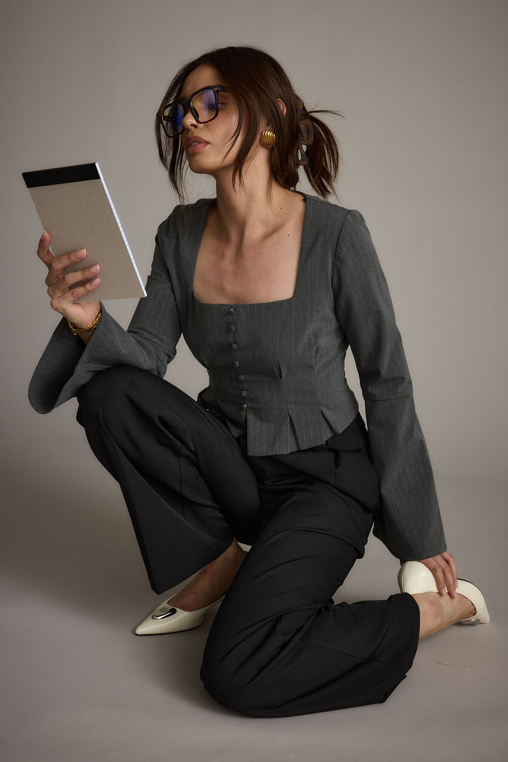 McGrath Grey Pinstripe Long Sleeve Top