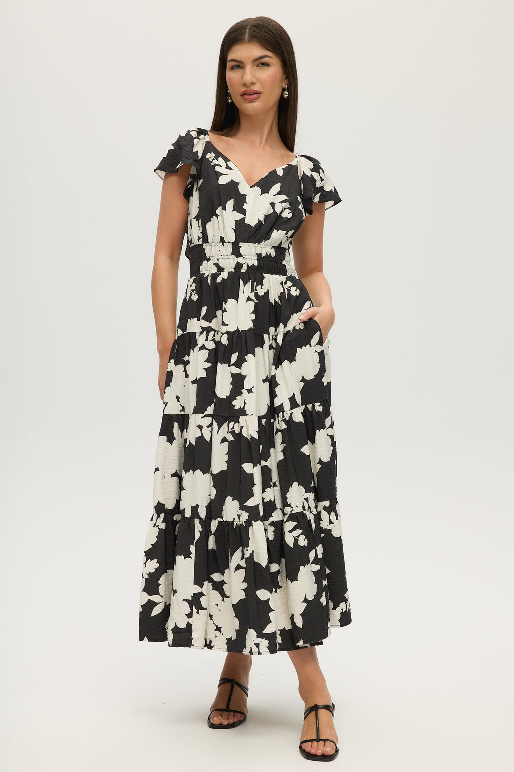 BLACK FLORAL PRINT TIERED MAXI DRESS