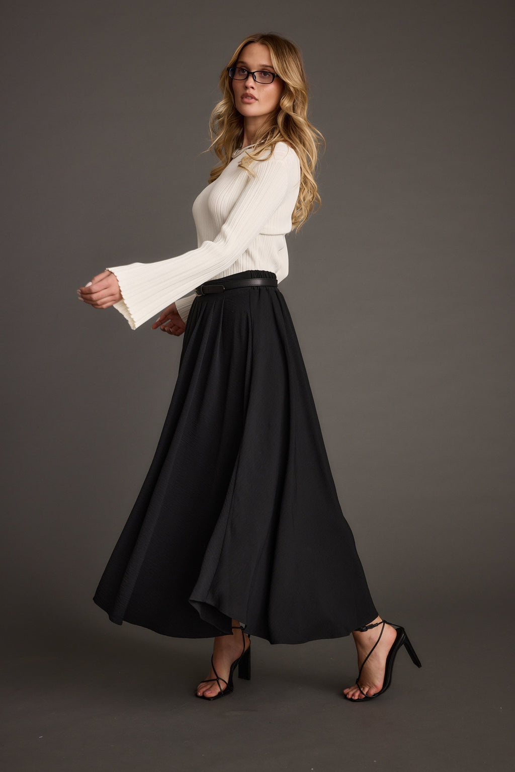 Melinda White Ribbed Knit Bell Sleeve Top