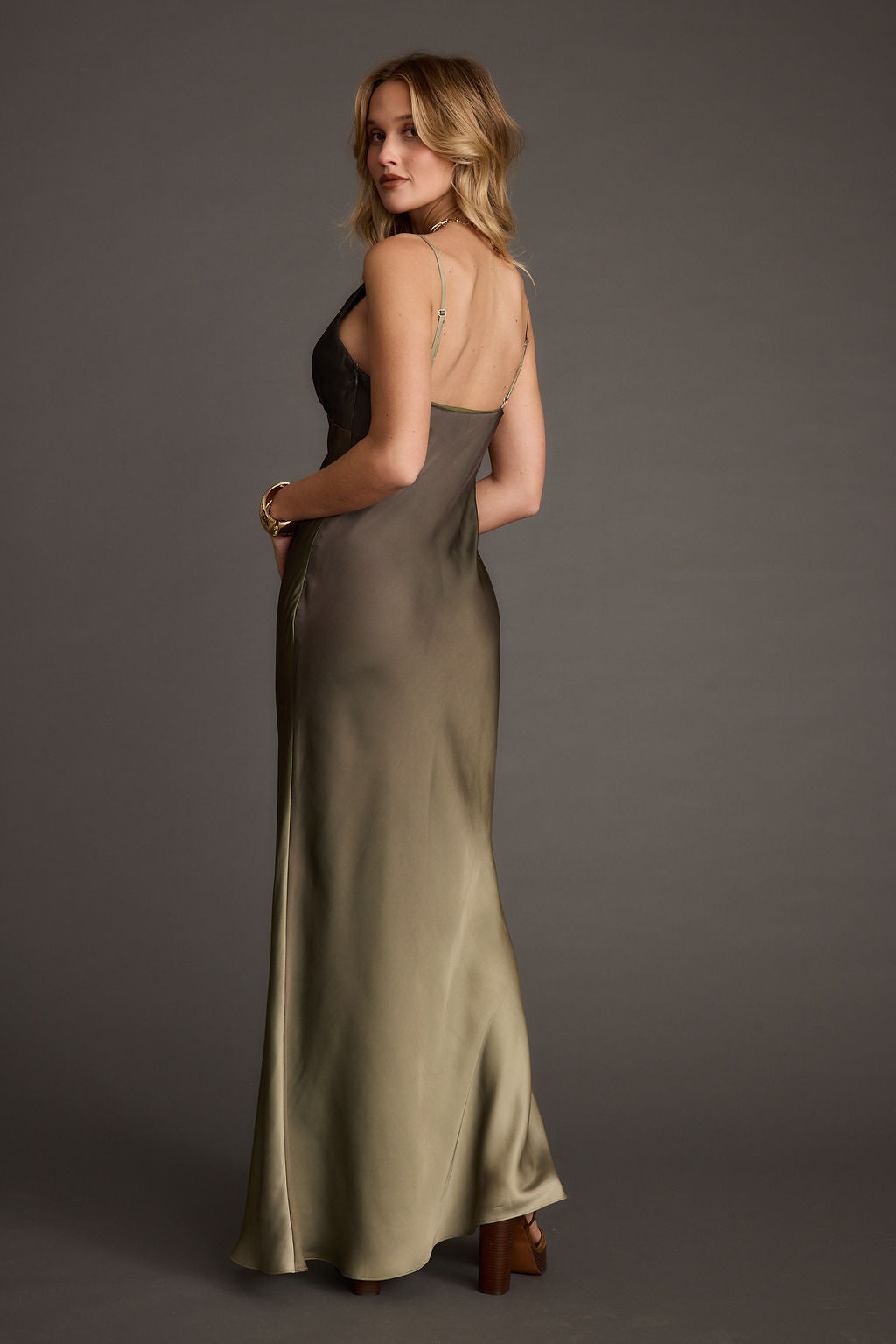 Mirabella Olive Satin Ombre Maxi Dress