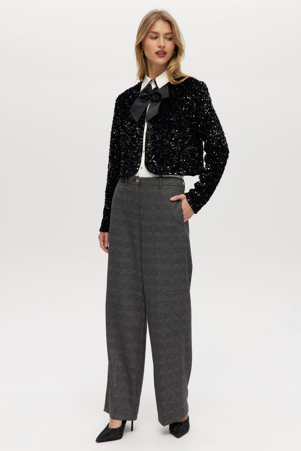 Black Sequin Cropped Cardigan with Grosgrain Bow