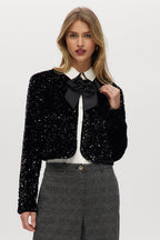 Black Sequin Cropped Cardigan with Grosgrain Bow