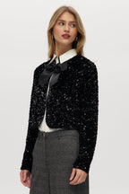 Black Sequin Cropped Cardigan with Grosgrain Bow