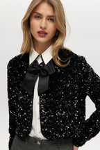 Black Sequin Cropped Cardigan with Grosgrain Bow