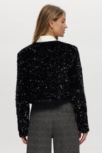 Black Sequin Cropped Cardigan with Grosgrain Bow
