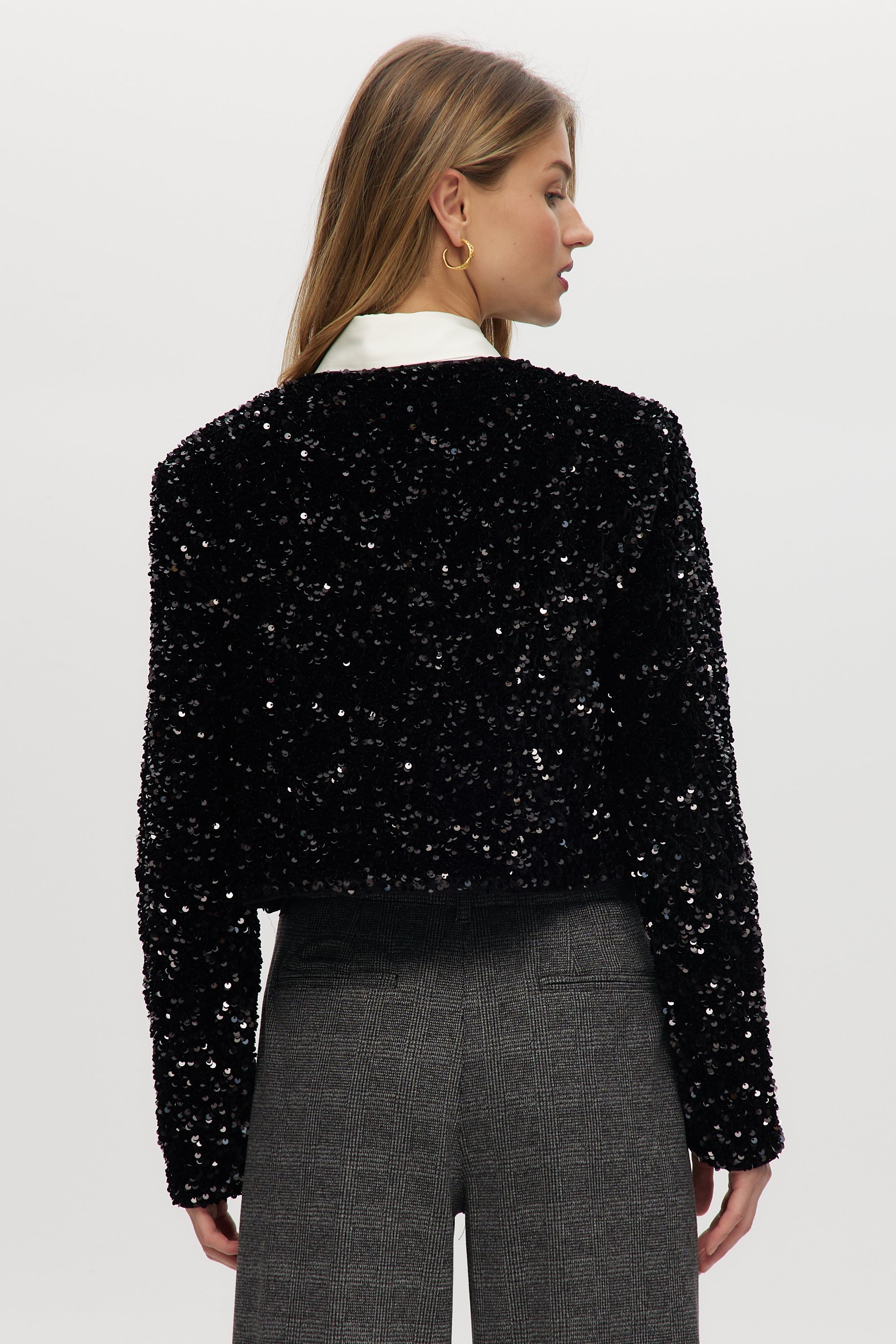 Black Sequin Cropped Cardigan with Grosgrain Bow