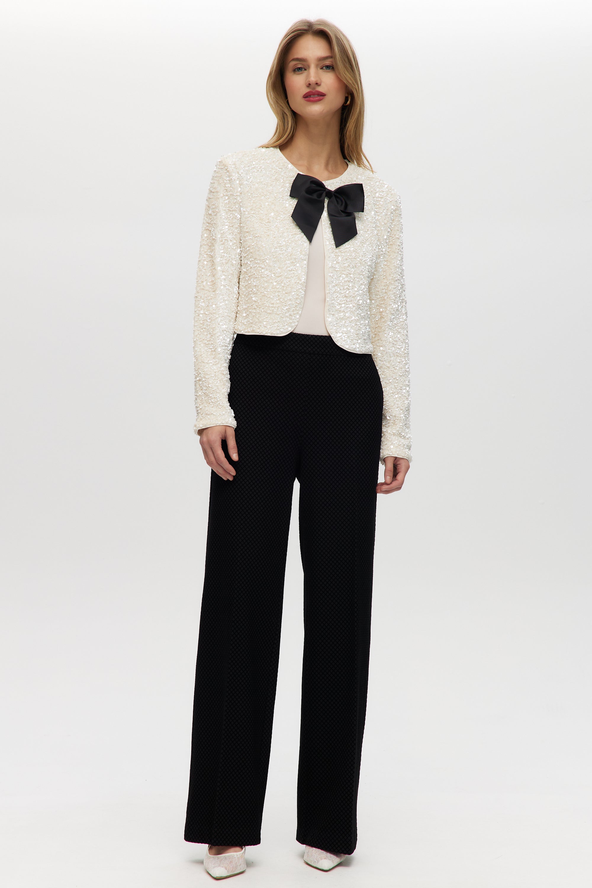 White Sequin Cropped Cardigan with Grosgrain Bow