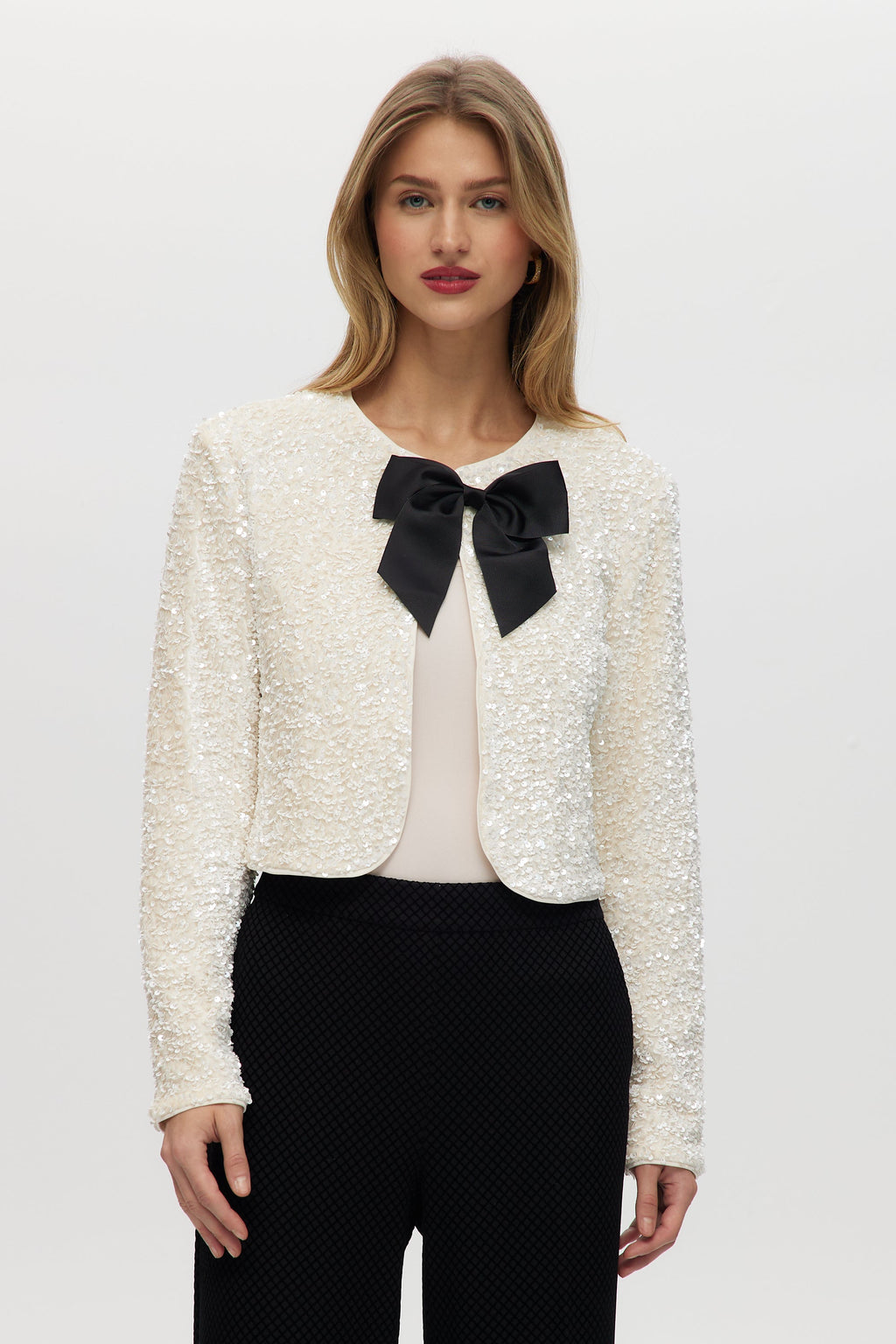White Sequin Cropped Cardigan with Grosgrain Bow