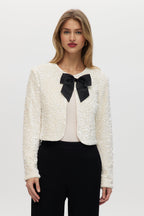 White Sequin Cropped Cardigan with Grosgrain Bow