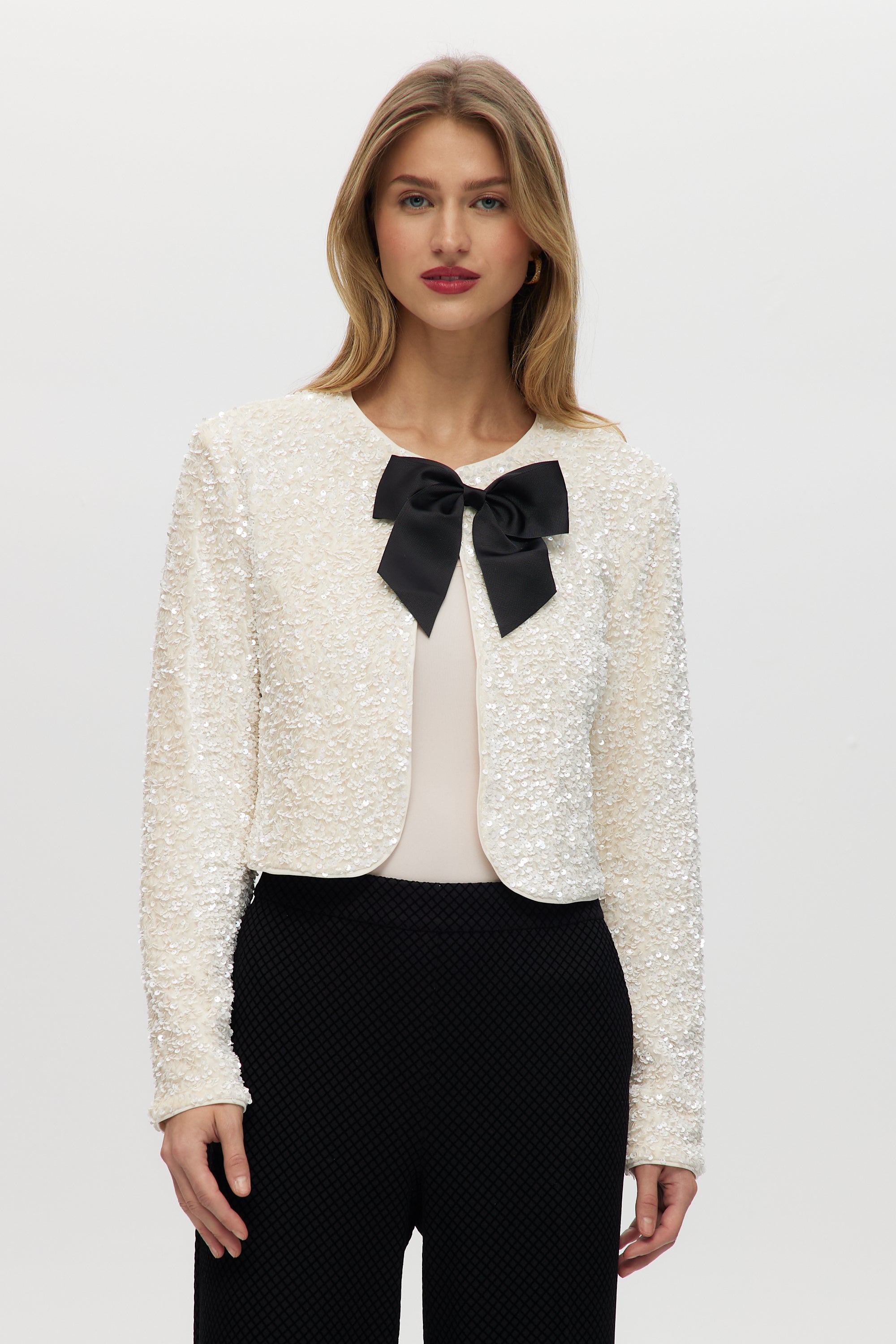 White Sequin Cropped Cardigan with Grosgrain Bow