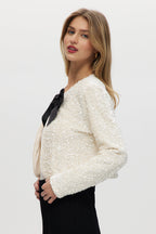 White Sequin Cropped Cardigan with Grosgrain Bow