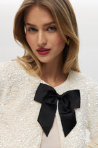 White Sequin Cropped Cardigan with Grosgrain Bow