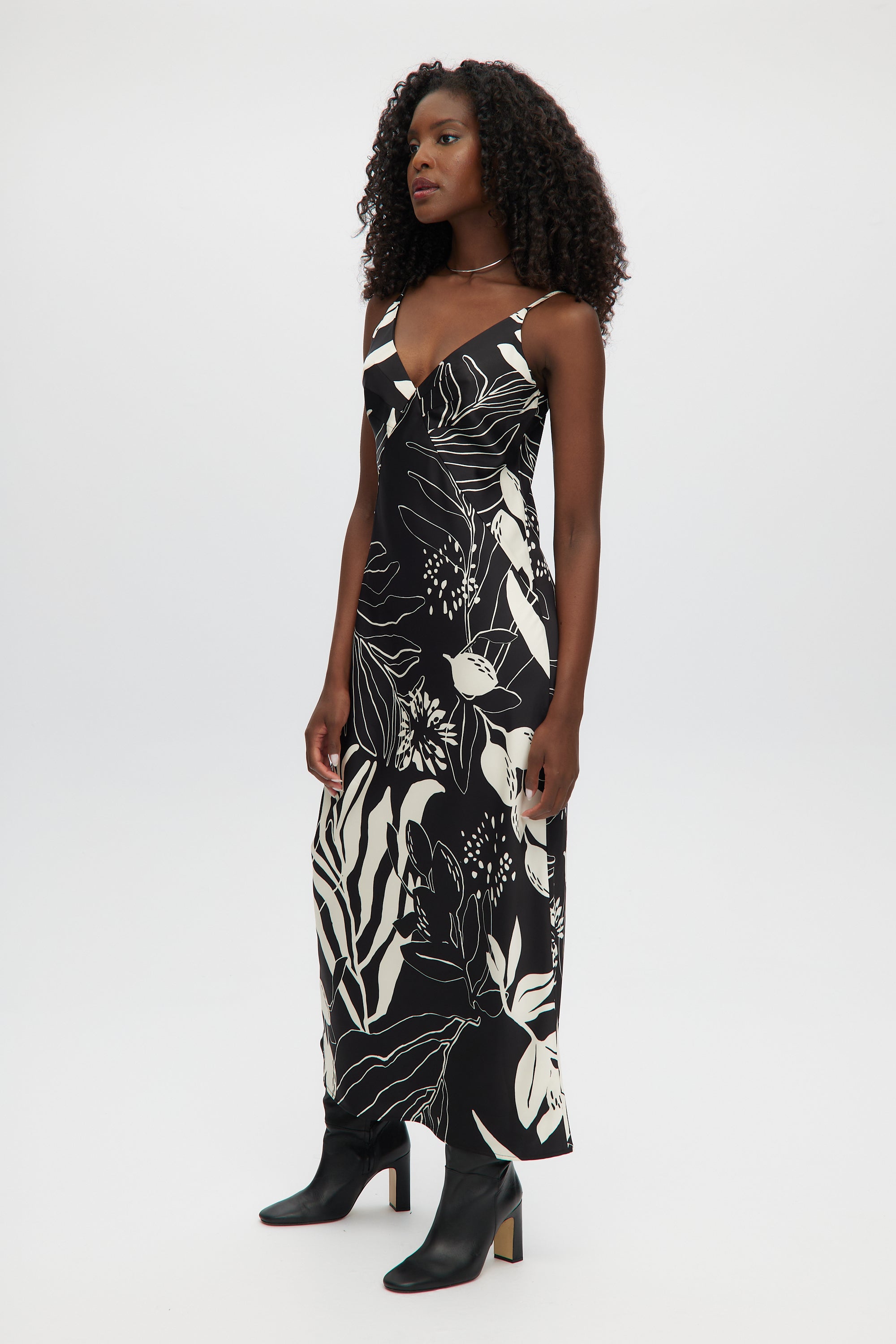 BLACK SLEEVELESS PRINTED SLIP DRESS