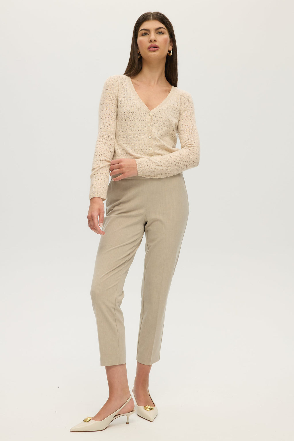 SAND POINTELLE CASHMERE V-NECK CARDIGAN