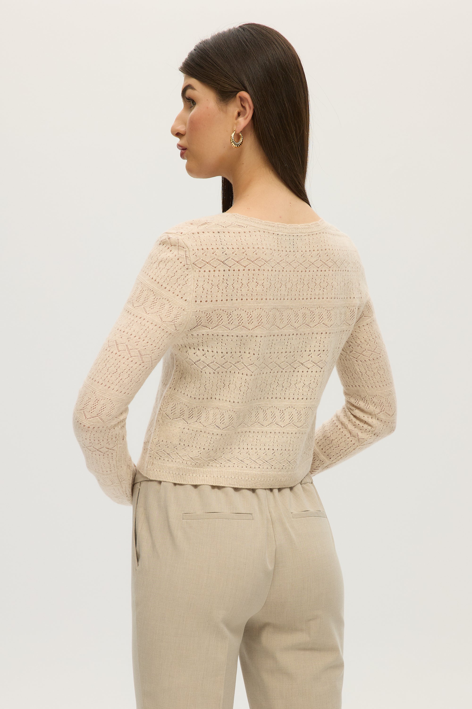 SAND POINTELLE CASHMERE V-NECK CARDIGAN