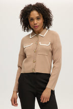 BEIGE BOXY CARDIGAN WITH EMBROIDERED COLLAR