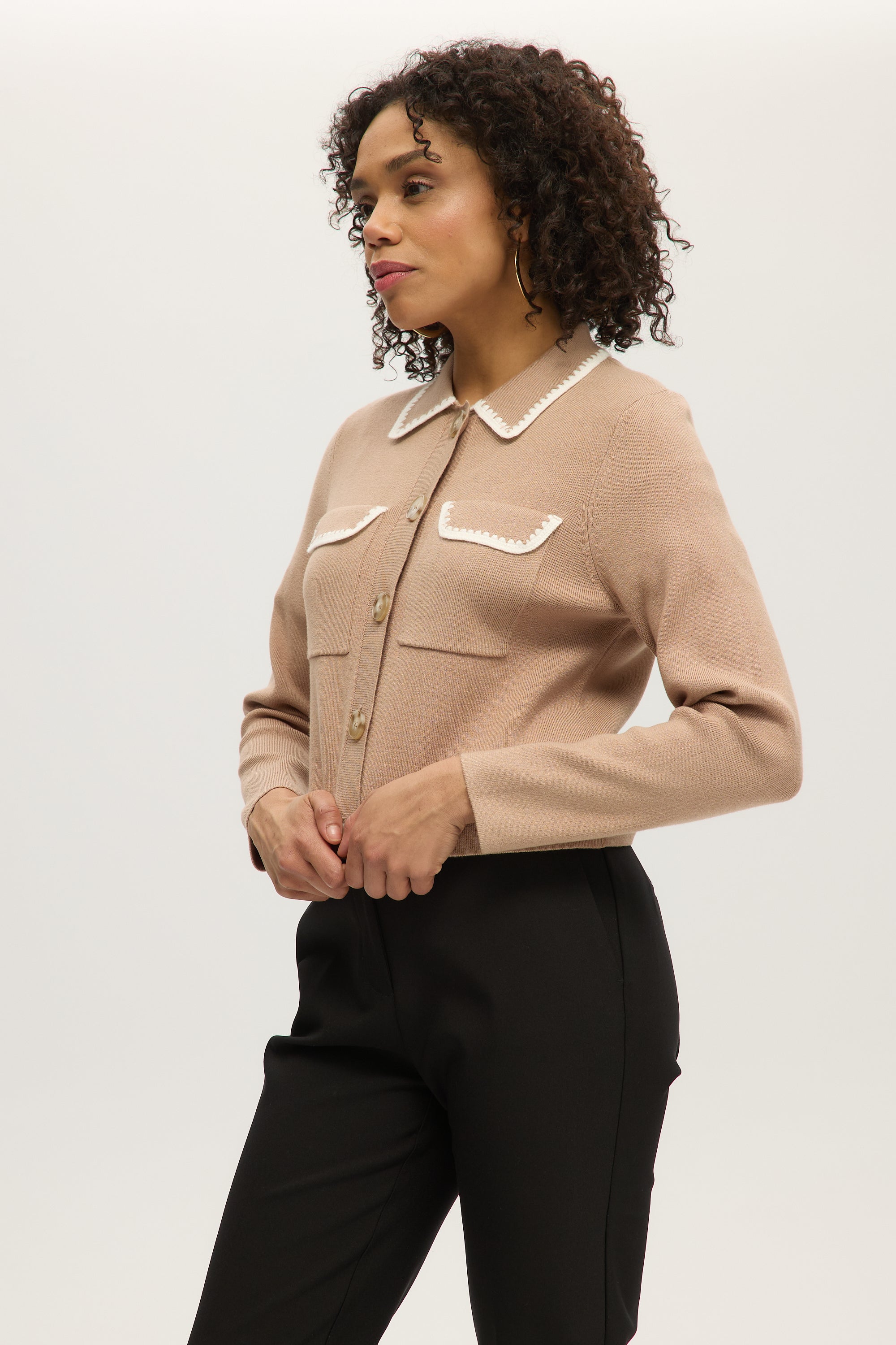 BEIGE BOXY CARDIGAN WITH EMBROIDERED COLLAR