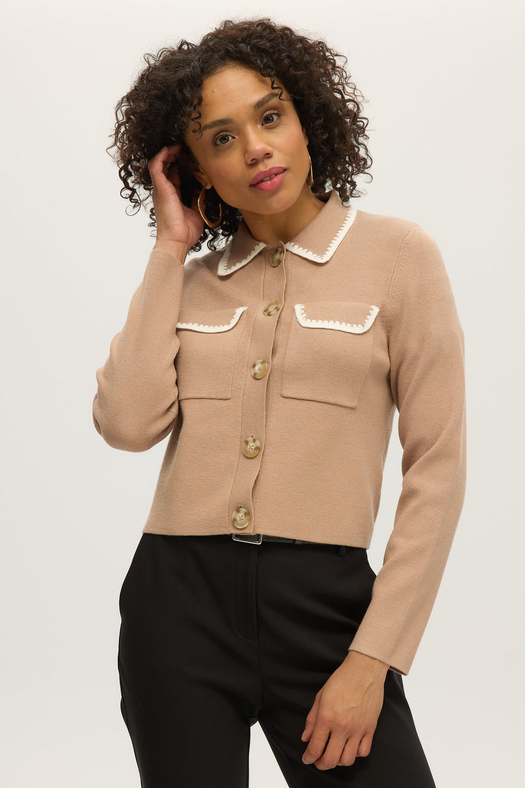 BEIGE BOXY CARDIGAN WITH EMBROIDERED COLLAR