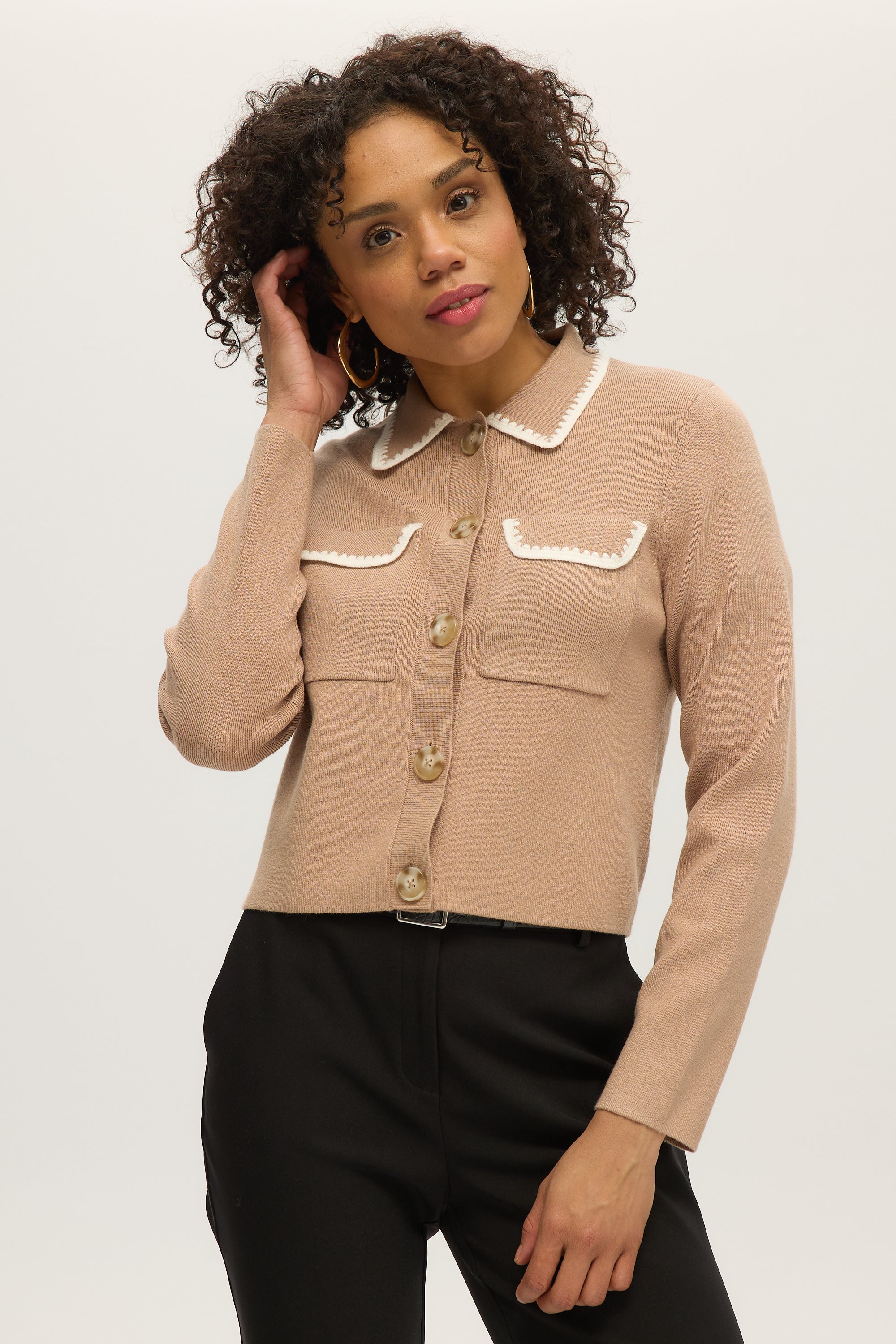 BEIGE BOXY CARDIGAN WITH EMBROIDERED COLLAR