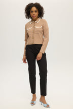 BEIGE BOXY CARDIGAN WITH EMBROIDERED COLLAR