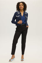 NAVY BOXY CARDIGAN WITH EMBROIDERED COLLAR