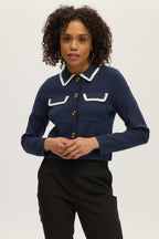 NAVY BOXY CARDIGAN WITH EMBROIDERED COLLAR