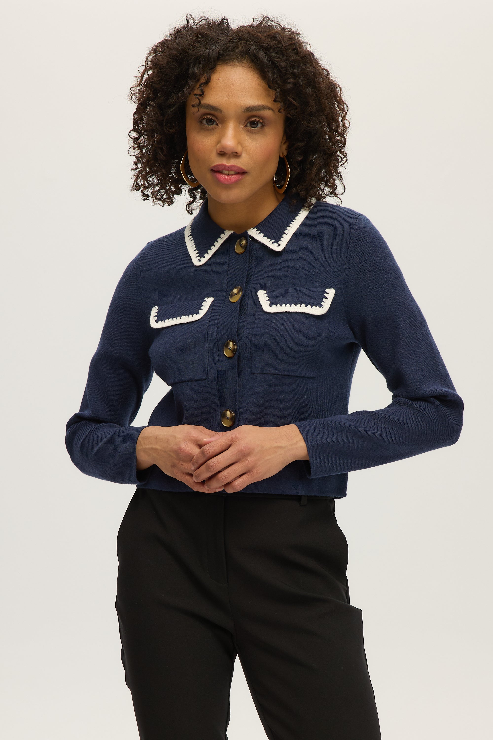 NAVY BOXY CARDIGAN WITH EMBROIDERED COLLAR