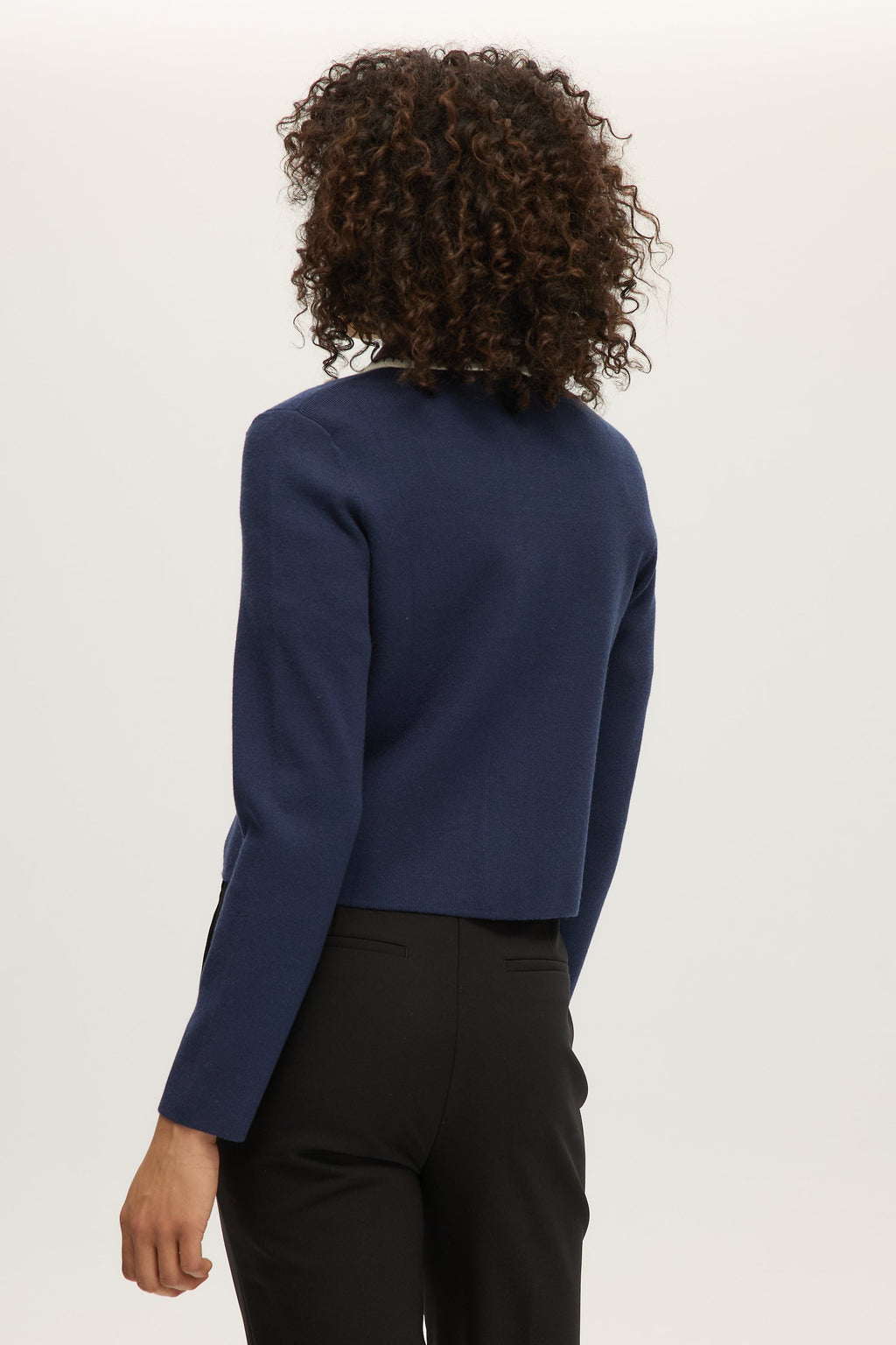 NAVY BOXY CARDIGAN WITH EMBROIDERED COLLAR