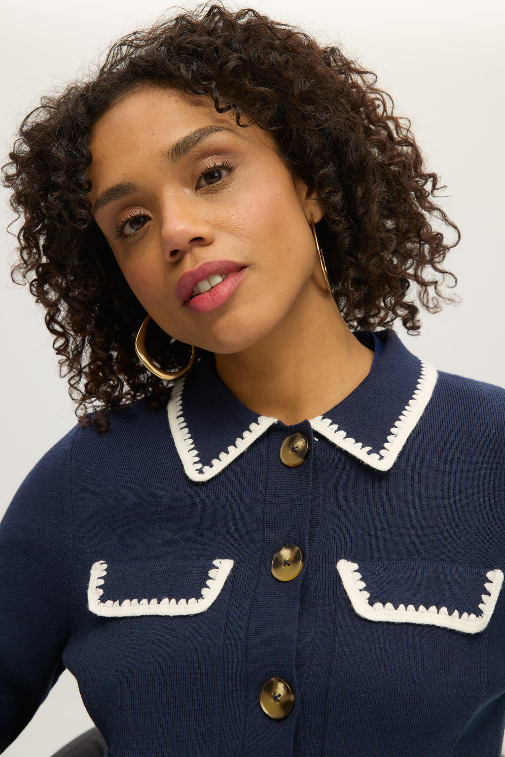 NAVY BOXY CARDIGAN WITH EMBROIDERED COLLAR