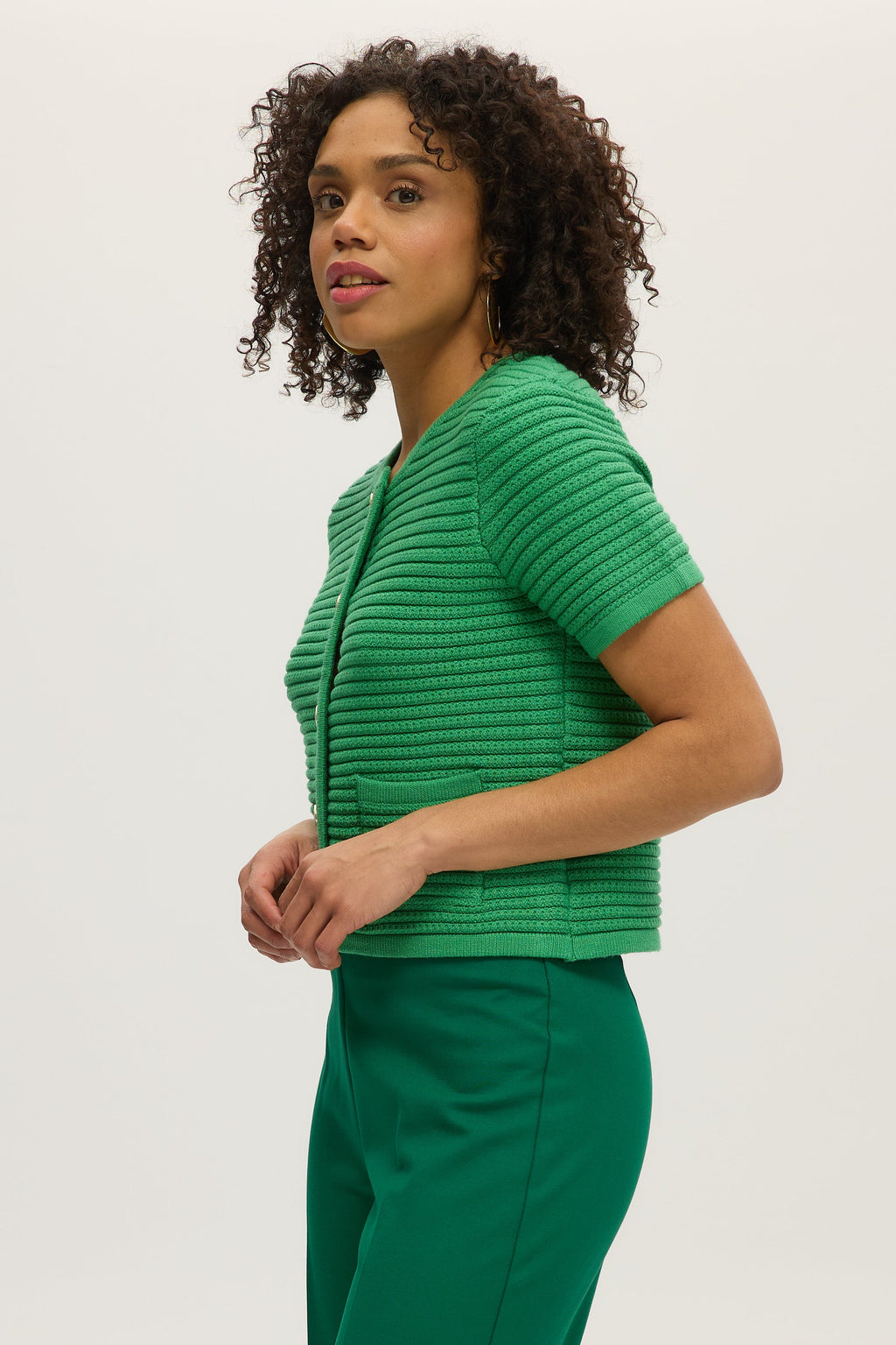 GREEN SHORT SLEEVE CREW NECK CARDIGAN